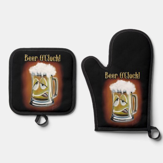 Beer O'Clock! Ofenhandschuh & Topflappen-Set (Vorderseite)