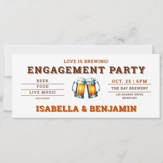 Beer Themed Brauerei Fest Ticket Engagement Party Einladung (Vorderseite)