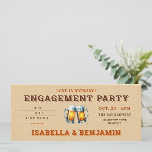 Beer Themed Brewery Ticket Couple Engagement Party Einladung (Stehend Vorderseite)