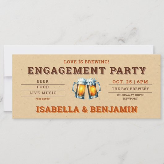 Beer Themed Brewery Ticket Couple Engagement Party Einladung (Vorderseite)