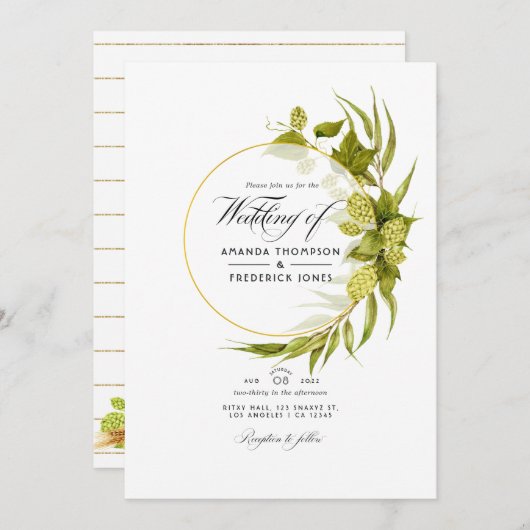 Beer Willow Green und Gold Geometric Wedding Foto Einladung (Vorne/Hinten)