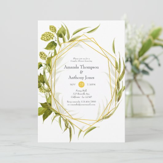 Beer Willow Greenery Gold Geometric Couples Dusche Einladung (Stehend Vorderseite)
