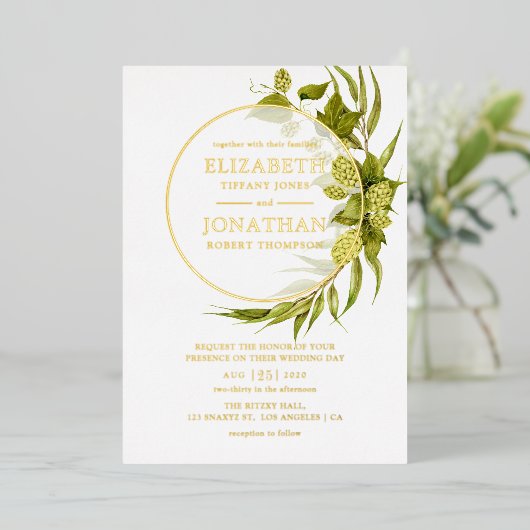 Beer Willow Greenery Gold Geometric Wedding Folieneinladung (Stehend vorne)