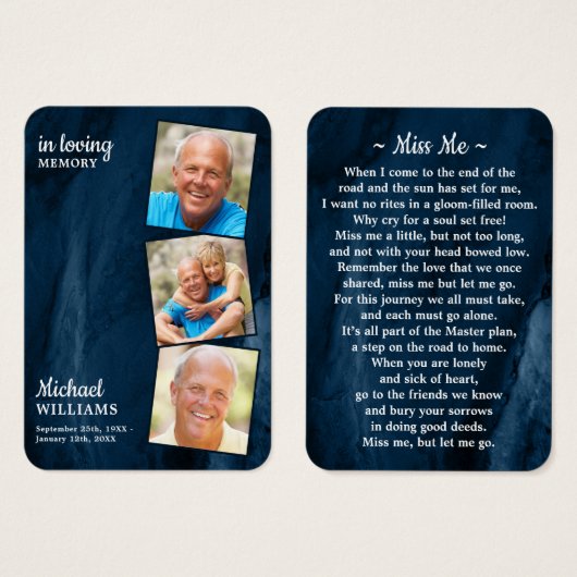 Beerdigung 3 Foto Blaue Marmorkarte Gedenkkarte (Vorne & Hinten)
