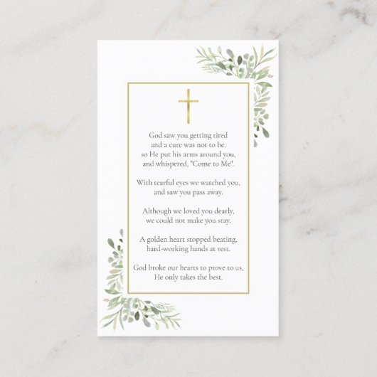 Beerdigung Beileid Gedenkstätte Grüne Gebetskarte Visitenkarte (Rückseite)