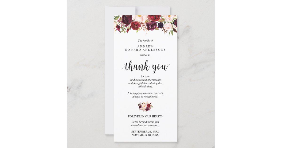 Beerdigung Bereavement Beileid Burgund Floral Dankeskarte Zazzle De