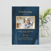 Beerdigung Blue & Gold Calligraphy | Memorial Einladung (Stehend Vorderseite)