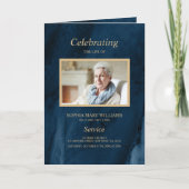 Beerdigung Blue & Gold Calligraphy Memorial Progra Karte (Vorderseite)