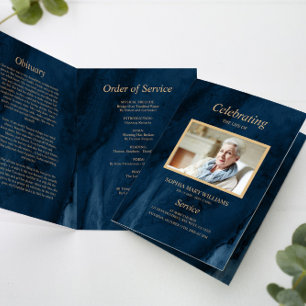 Beerdigung Blue & Gold Calligraphy Memorial Progra Karte