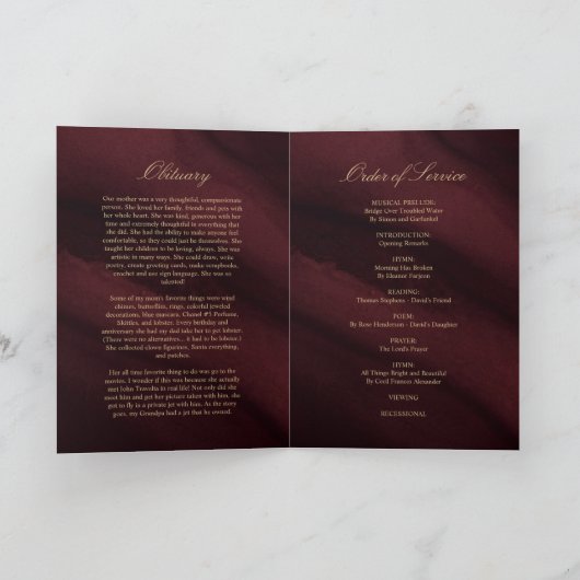 Beerdigung Burgund & Gold |Memorial-Programm Programm (Innenseite)