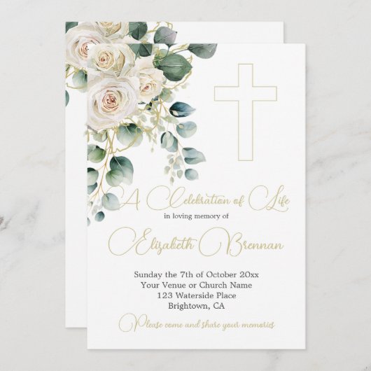Beerdigung Christliches Foto Elegante Rose Florenz Einladung (Vorne/Hinten)