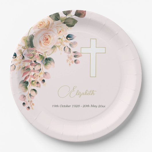 Beerdigung Christliches Foto Elegante Rose Pappteller (Vorderseite)