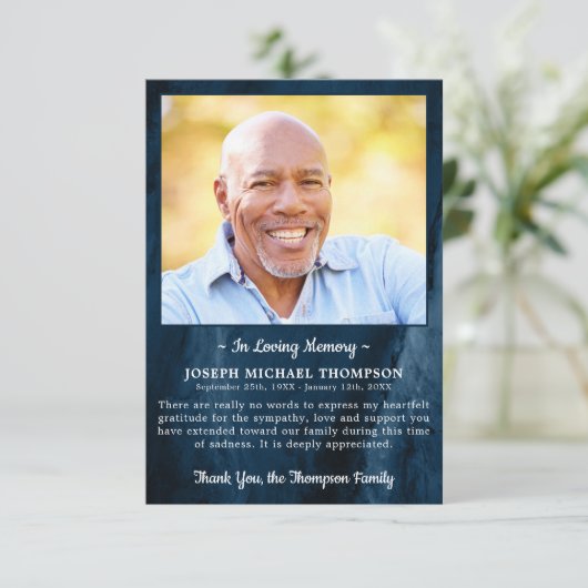 Beerdigung DANK IHNEN Foto Beileid Blue Marble Dankeskarte (Stehend Vorderseite)