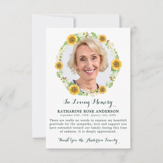 Beerdigung DANK IHNEN Sonnenblumen Beileid Fotokar Dankeskarte (Vorderseite)