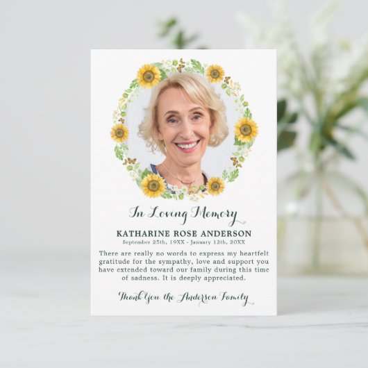 Beerdigung DANK IHNEN Sonnenblumen Beileid Fotokar Dankeskarte (Stehend Vorderseite)