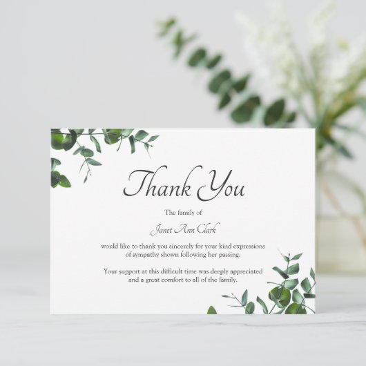 Beerdigung Danke, grüne Blätter Note Card Dankeskarte (Stehend Vorderseite)
