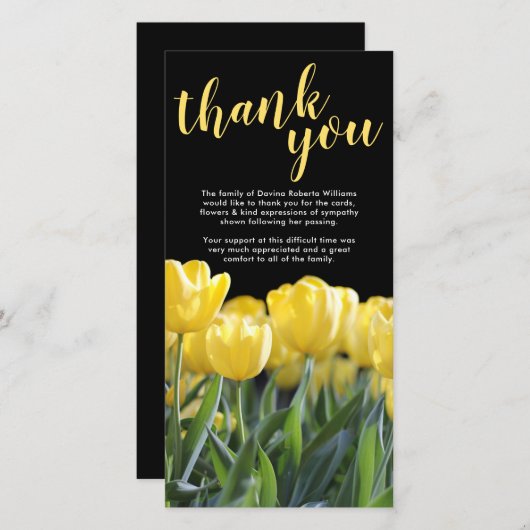 Beerdigung Danke, Hinweis | Beileid Gelber Tulip Dankeskarte (Vorne/Hinten)