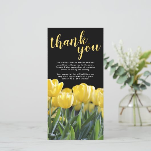 Beerdigung Danke, Hinweis | Beileid Gelber Tulip Dankeskarte (Stehend Vorderseite)