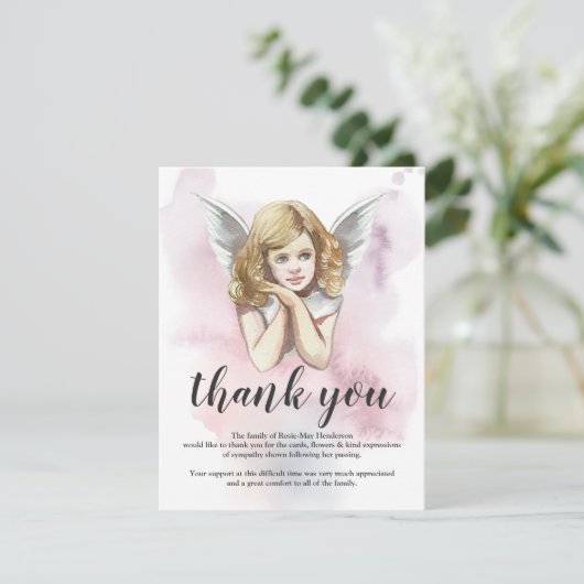 Beerdigung Danke, Hinweis | Himmlisch Girl Angel Dankeskarte (Stehend Vorderseite)