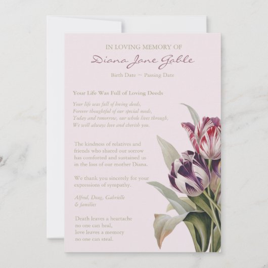 Beerdigung Dankeschön Karten | Schöne Tulissen (Rückseite)