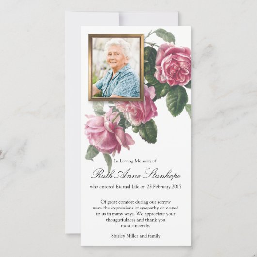 Beerdigung Dankeschön Karten | Tee Rose und Foto (Vorderseite)