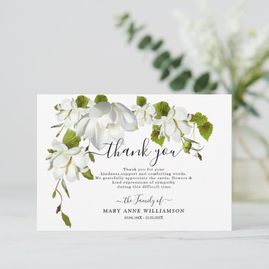 Beerdigung der botanischen Weißen Blume Dankeschön Dankeskarte (Stehend Vorderseite)