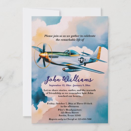 Beerdigung der Gedenkstätte P-51 Flugzeug Einladung (Vorderseite)