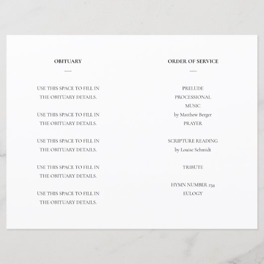 Beerdigung des Bestattungsprogramms mit Foto (Rückseite)