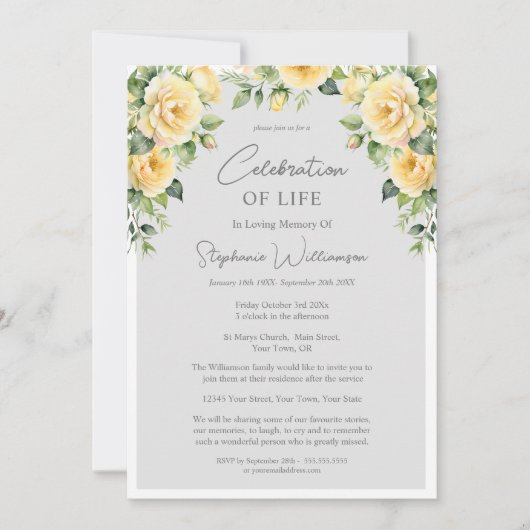 Beerdigung des Lebens 4 Foto Gelbe Rose Beerdigung Einladung (Vorderseite)