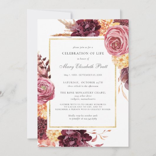 Beerdigung des Lebens Beerdigung Burgund Pink Flor Einladung (Vorderseite)