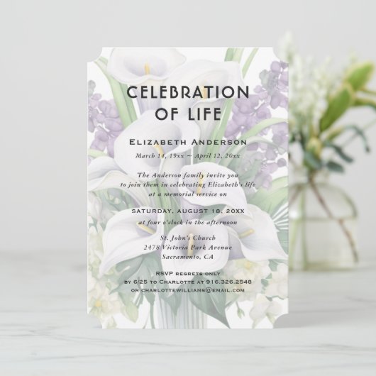 Beerdigung des Lebens Beerdigung Weiße Lila Blüte Einladung (Stehend Vorderseite)