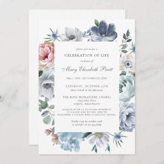 Beerdigung des Lebens Blauer Blumenbeerdigung Einladung (Vorne/Hinten)