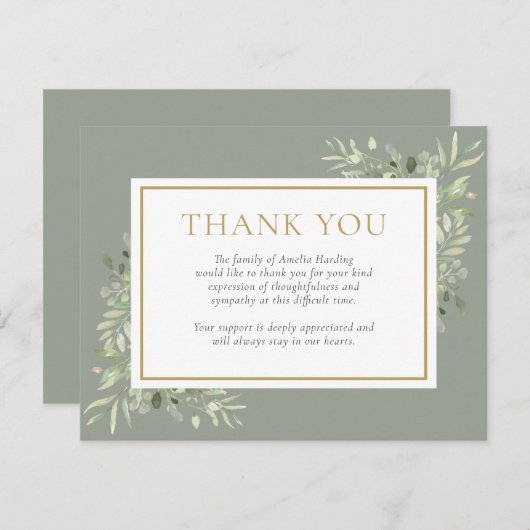 Beerdigung des Lebens durch Aquarellgrüne Dankeskarte (Vorne/Hinten)