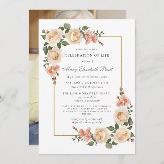 Beerdigung des Lebens Rosa Foto Beerdigung Einladung (Vorne/Hinten)