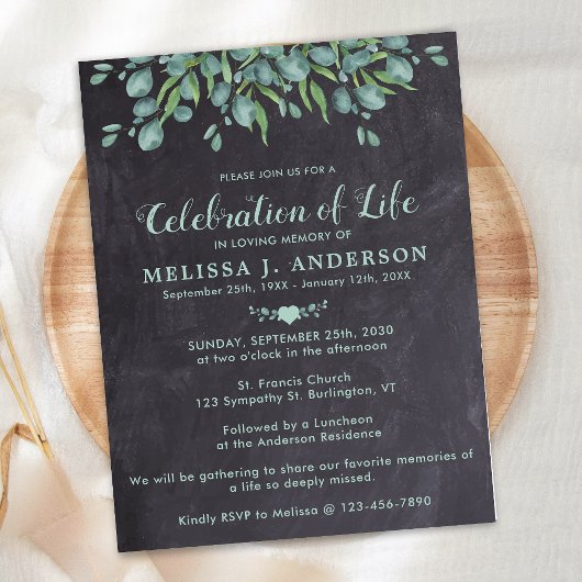 Beerdigung des Lebens Rustikale Eukalyptus Beerdig Einladungspostkarte