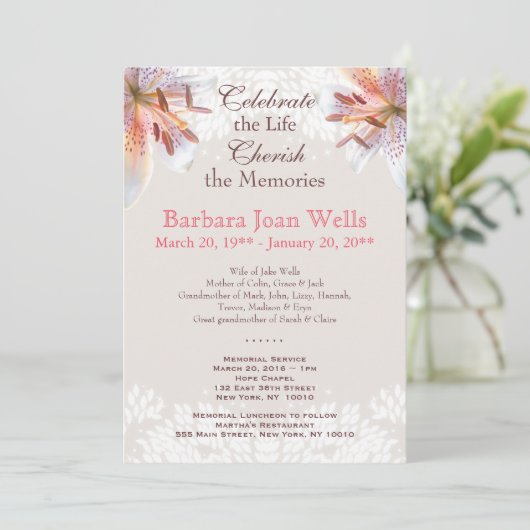 Beerdigung des Tiger Lily Memorial Service Einladung (Stehend Vorderseite)