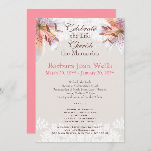 Beerdigung des Tiger Lily Memorial Service Einladung (Vorne/Hinten)