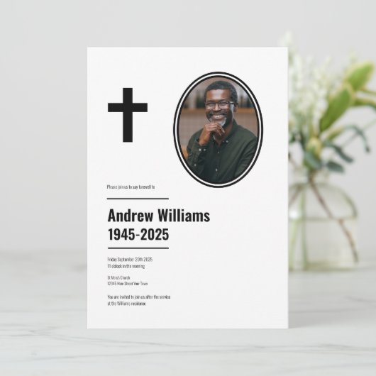 Beerdigung Einfach Moderne Schwarz und Weiß Christ Einladung (Stehend Vorderseite)