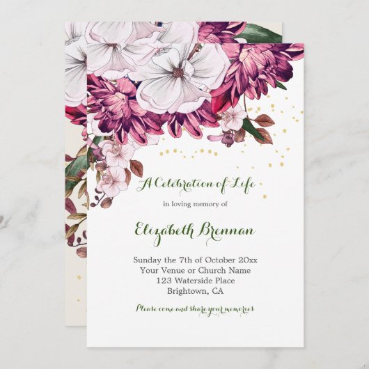 Beerdigung Elegant Burgund Floral Einladung (Vorne/Hinten)