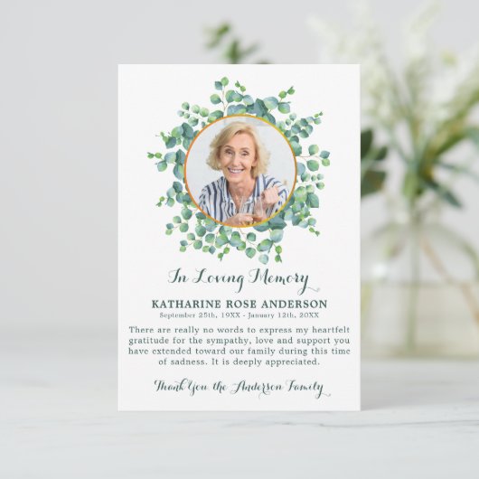 Beerdigung Eukalyptus Grünes Beileid Foto Dankeskarte (Stehend Vorderseite)