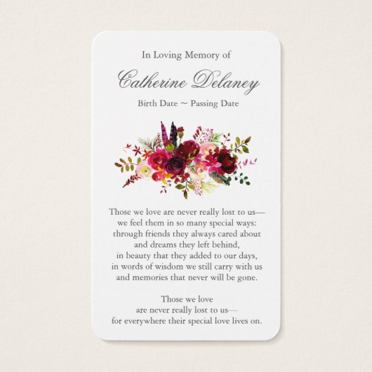 Beerdigung Floral Bordo Foto Gebet Sympathie Karte (Rückseite)