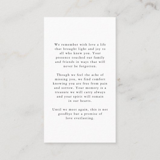 Beerdigung Forever Hearts Script Foto Gebetskarte Visitenkarte (Rückseite)