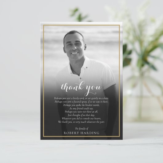 Beerdigung Foto Black and White Gold Gedicht Dankeskarte (Stehend Vorderseite)