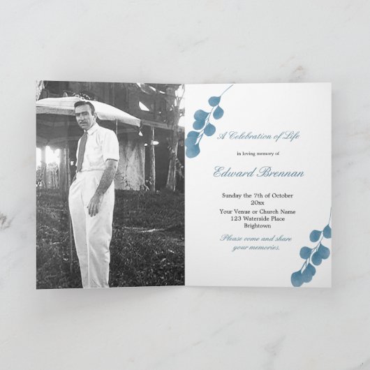 Beerdigung Foto Blaue Eukalyptusfeier Einladung (Innenseite)