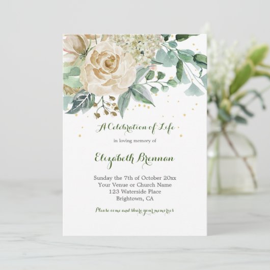 Beerdigung Foto Elegante Rose Blumenblättern Einladung (Stehend Vorderseite)