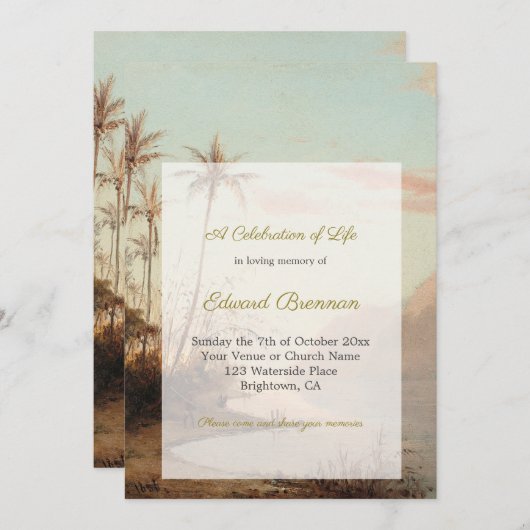 Beerdigung Foto Elegante Tropische Insel Palmen Einladung (Vorne/Hinten)