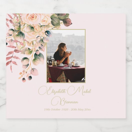 Beerdigung Foto Elegantes Rosa Rosengarten Schaumweinetikett (Einzelnes Label)