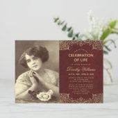 Beerdigung Foto Feier des Lebens Burgund Gold Einladung (Stehend Vorderseite)