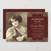 Beerdigung Foto Feier des Lebens Burgund Gold Einladung (Vorne/Hinten)
