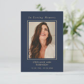 Beerdigung Foto Memorial Blue Gold Script Card (Stehend Vorderseite)